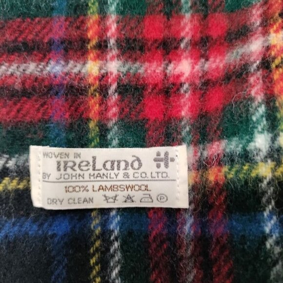 Jonh Hanly Black Stewart Tartan Fringe Rectangular Mens Scarf Made in Ireland - Picture 5 of 5